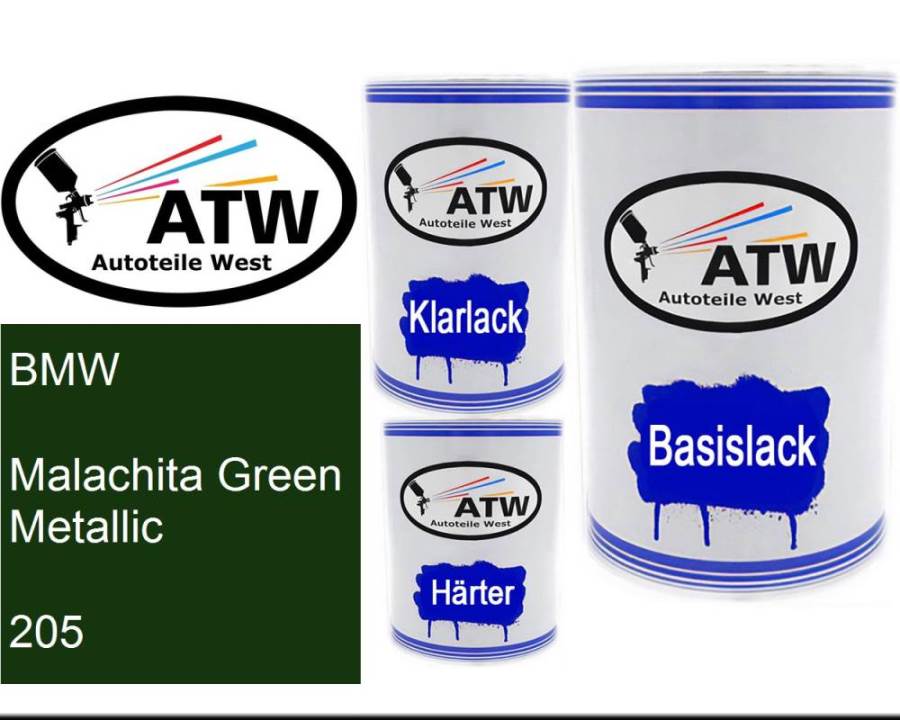 BMW, Malachita Green Metallic, 205: 500ml Lackdose + 500ml Klarlack + 250ml Härter - Set, von ATW Autoteile West.